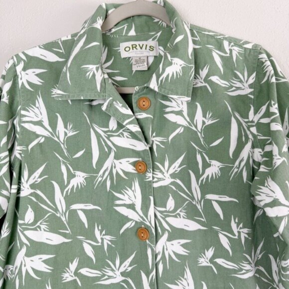 Orvis Green Leaf bamboo Print button denim jacket 12 - Picture 2 of 11